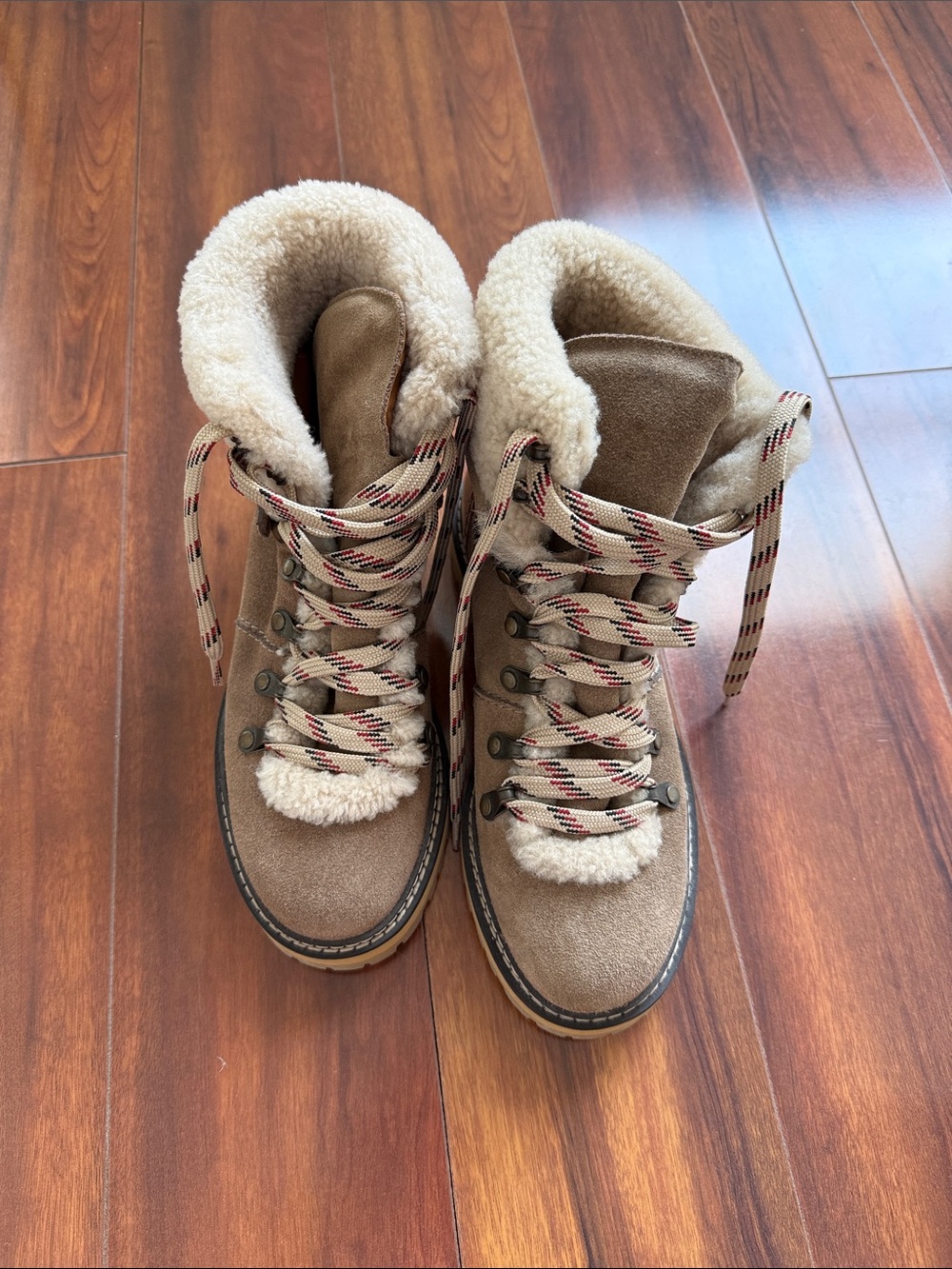 See By Chloe Suede Lace-Up Winter Boots in Tan with Cream Shearling
